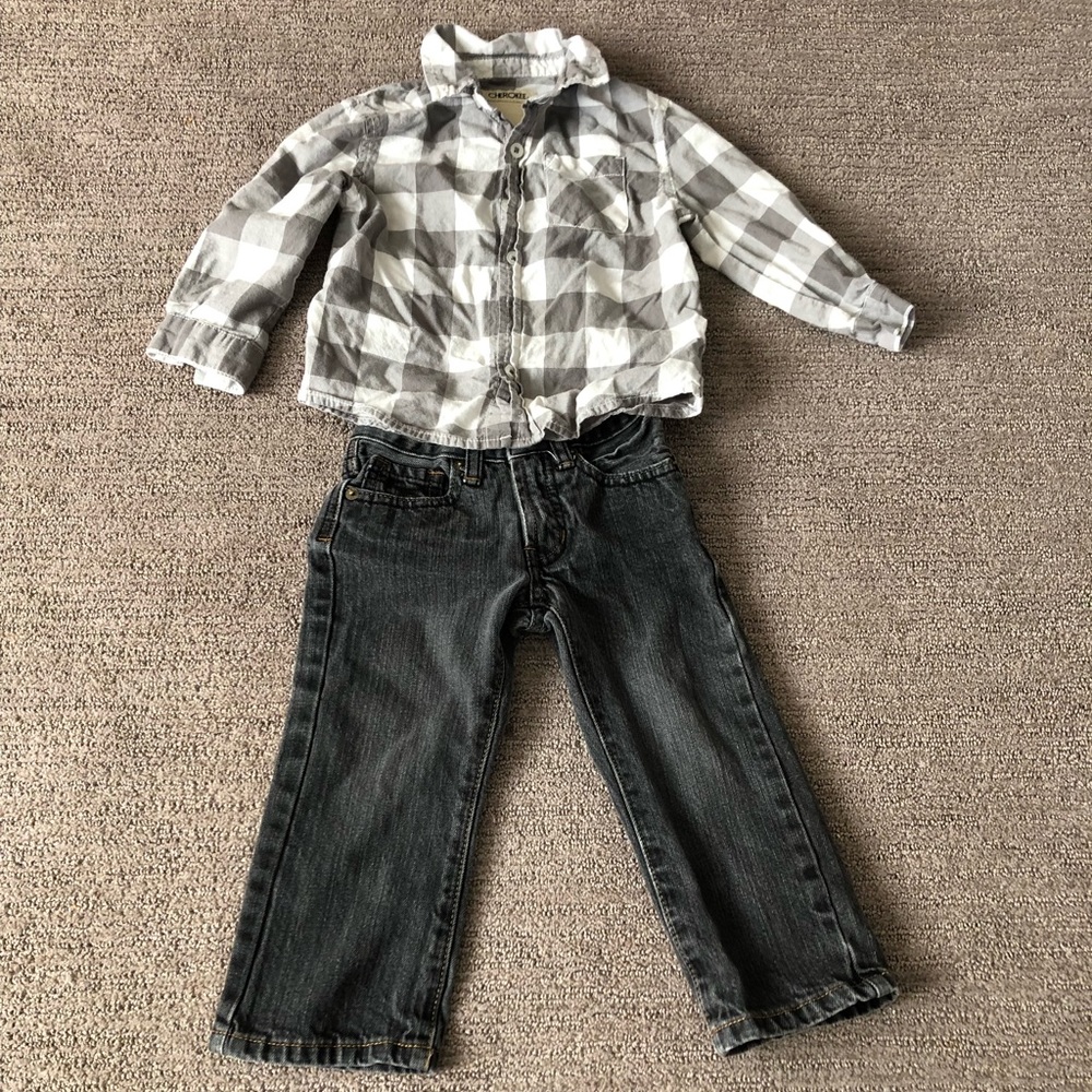 VGUC 2T 2 Piece Outfit: Long Sleeve Button Up & Denim Jeans